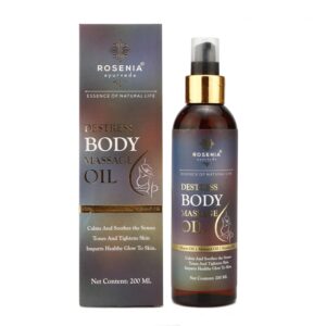 Rosenia Ayurveda Destress Body Massage Oil | Calms and Soothes the Senses, Tones and Tightens the Skin, Imparts Glow to Skin | 200 ML